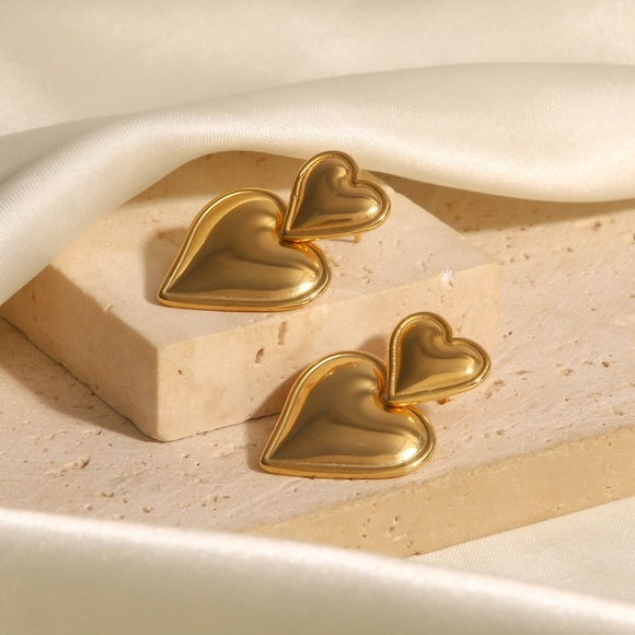 24K Gold Double Heart Earrings*Waterproof*Sweatproof* - Picture 5 of 7